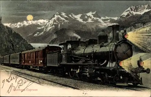 Mondschein Ak Schweizerische Eisenbahn, Gotthard-Express