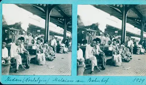 Stereo Foto Medan Sumatra Indonesien, Malaien am Bahnhof, 1929