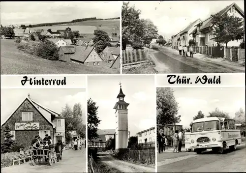 Ak Hinterrod Eisfeld in Thüringen, Pferdekutsche, Autobus, Ortsansichten