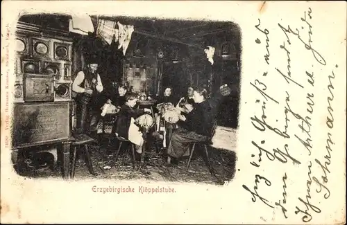 Ak Erzgebirge, Klöppelstube, Kachelofen