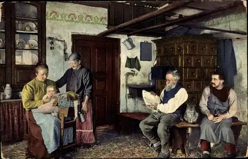 Ak Bauernstube im Erzgebirge, Familie, Klöppelsack, Trachten, Verlag Wilhelm Vogel