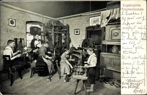 Ak Erzgebirgische Posamentierstube, Flechtmaschine