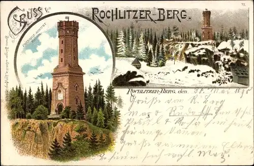 Litho Rochlitz an der Mulde, Rochlitzer Berg, Friedrich August Turm, Schnee