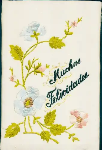 Seidenstick Ak Glückwunsch Geburtstag, Blaue und rosa Blüten