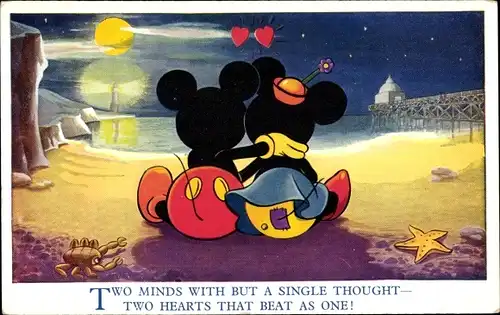 Künstler Ak Walt Disney, Mickey Maus und Minnie im Mondschein