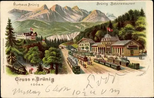 Litho Brünig Meiringen Kt. Bern Schweiz, Bahnhof, Gleisseite, Bahnrestaurant, Kurhaus