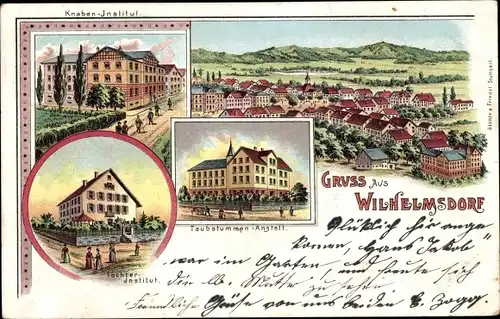 Litho Wilhelmsdorf in Württemberg,Taubstummen-Anstalt, Knaben-Institut, Töchter-Institut