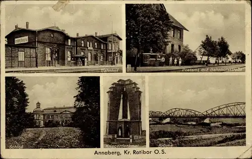 Ak Góra Świętej Anny Sankt Annaberg Oberschlesien, Bahnhof, Gleisseite, Postamt, Schloss, Brücke