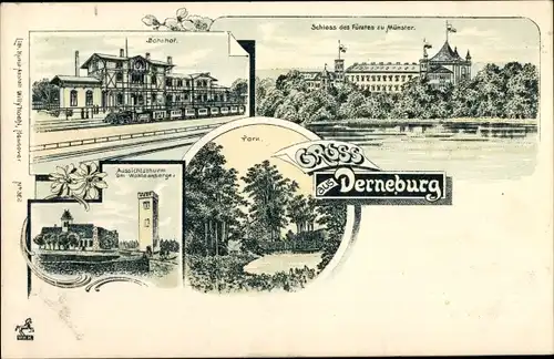 Litho Derneburg Holle in Niedersachsen, Schloss des Fürstes zu Münster, Bahnhof, Gleisseite