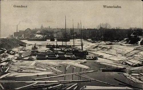 Ak Grudziądz Graudenz Westpreußen, Winterhafen, Winteransicht