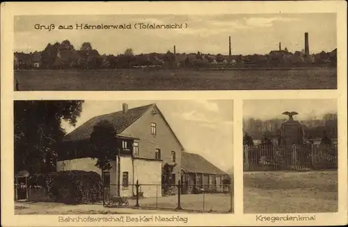 Ak Hämelerwald Lehrte in Niedersachsen, Bahnhofswirtschaft, Totalansicht, Kriegerdenkmal