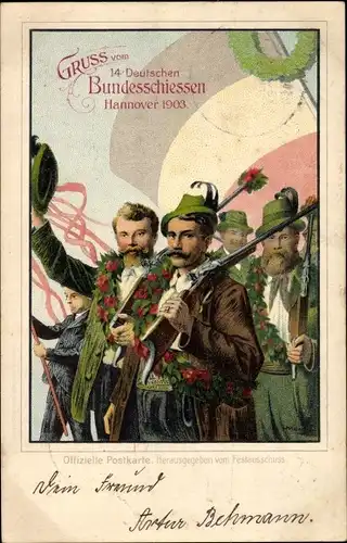 Litho 14. Deutsches Bundesschießen Hannover 1903, Schützen