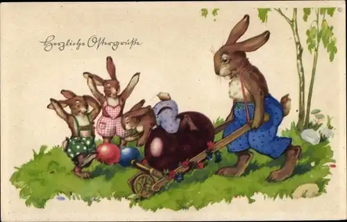 Ak Glückwunsch Ostern, Vermenschlichte Hasen mit Schubkarre, Ostereier