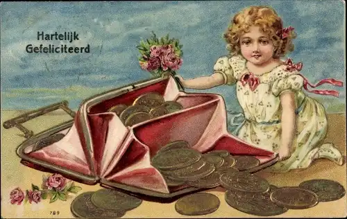 Präge Ak Glückwunsch Geburtstag, Portemonnaie, Münzen, Mädchen mit Blumenstrauß