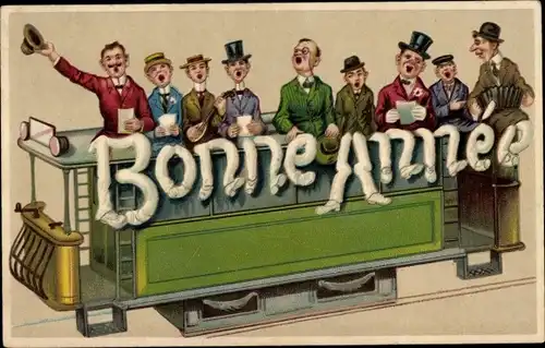 Präge Ak Glückwunsch Neujahr, Männer auf einer Straßenbahn, Beine als Buchstaben