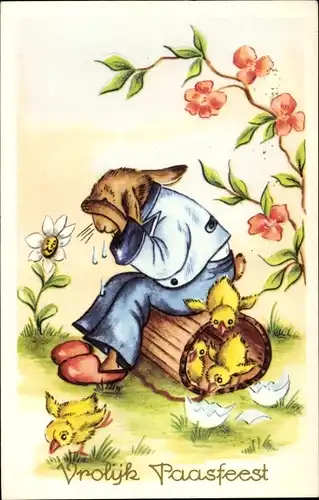 Ak Glückwunsch Ostern, Vermenschlichter weinender Hase, Küken