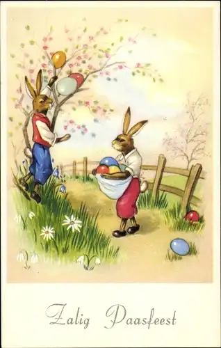 Ak Glückwunsch Ostern, Vermenschlichte Hasen sammeln Ostereier