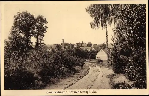 Ak Schmannewitz Dahlen in Sachsen, Ortsansicht, Kirchturm