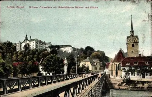 Ak Untermhaus Gera in Thüringen, Schloss Osterstein, Untermhäuser Brücke und Kirche