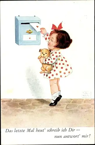 Künstler Ak Wills, John, Mädchen mit Brief, Postbriefkasten, Hund