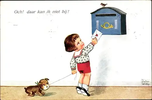 Künstler Ak Wills, John, Kind kommt nicht an Postbriefkasten heran