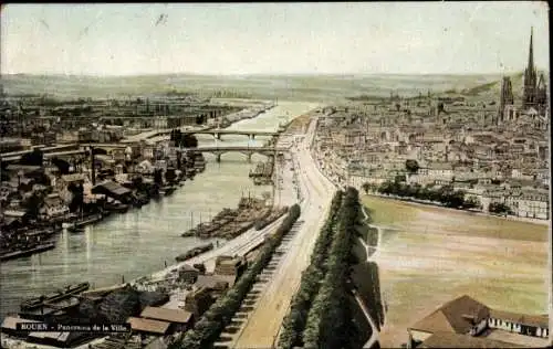 Ak Rouen Seine Maritime, Panorama, Kirchturm, Brücke