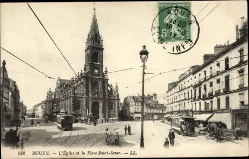 Ak Rouen Seine Maritime, Kirche, La Place Saint-Sever, Straßenbahn