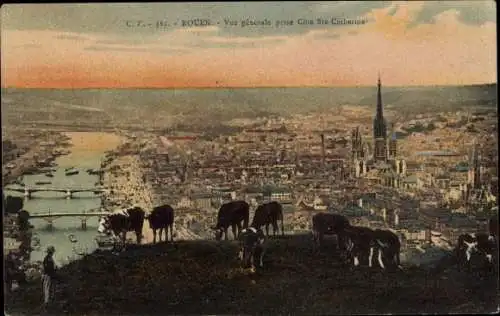 Ak Rouen Seine Maritime, Gesamtansicht, Cote Ste Catherine, weidende Kühe auf Berg