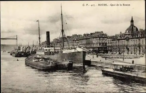 Ak Rouen Seine Maritime, Quai de la Bourse, Schiffe