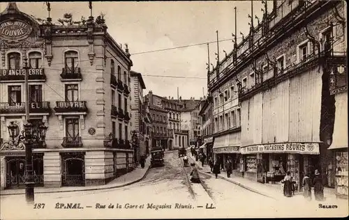 Ak Épinal Lorraine Vosges, Rue de la Gare und Magasins Réunis