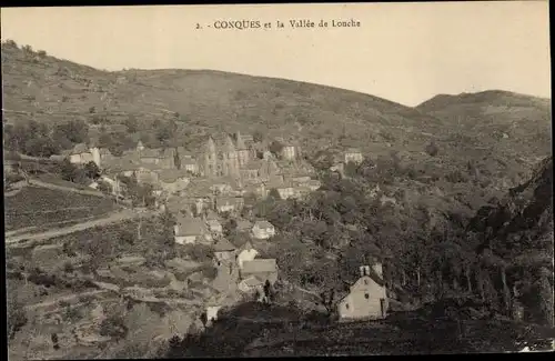 Ak Conques-Aveyron, Stadt und Louche-Tal