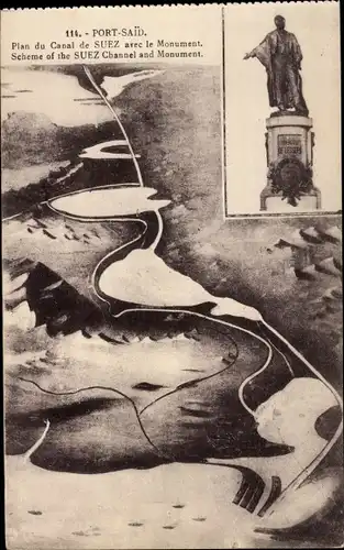 Landkarten Ak Port Said Ägypten, Karte des Suezkanals mit dem Denkmal