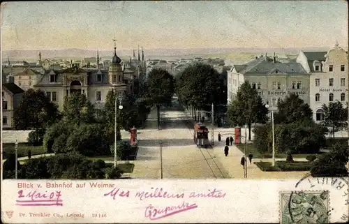 Ak Weimar in Thüringen, Blick vom Bahnhof, Straßenbahn