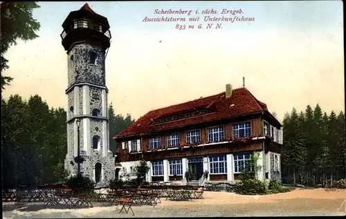 Ak Scheibenberg Sachsen, Aussichtsturm, Unterkunftshaus