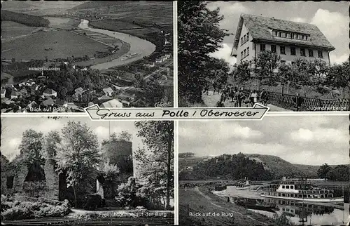 Ak Polle an der Weser, Burg, Freilichtbühne, Luftbild
