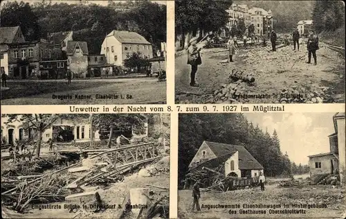 Ak Glashütte in Sachsen, Unwetterkatstrophe 1927, Müglitztal, Drogerie, Gasthaus,eingestürzte Brücke
