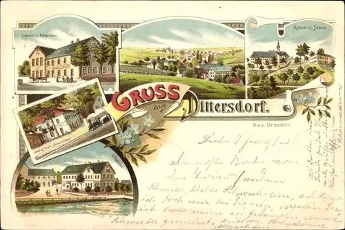 Litho Dittersdorf Glashütte im Osterzgebirge, Kirche, Schule, Gasthof