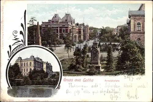 Ak Gotha im Thüringer Becken, Arnoldiplatz mit Denkmal, Museum