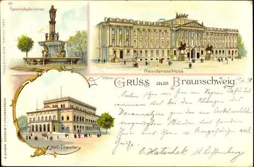 Litho Braunschweig in Niedersachsen, Heinrichsbrunnen, Residenzschloss, Hoftheater