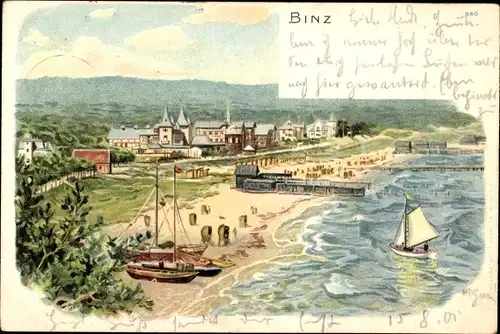 Litho Seebad Binz auf Rügen, Strandpartie, Anlegestelle