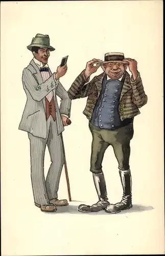 Ak Eleganter Mann im Anzug, kleiner Mann in Tracht