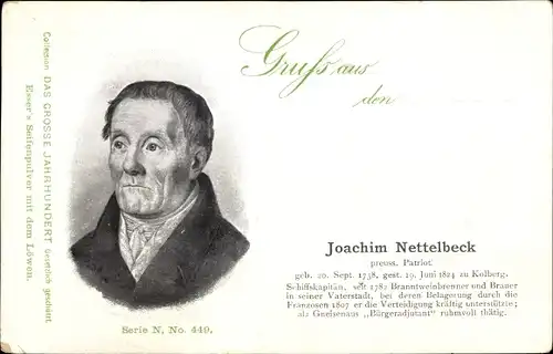 Künstler Ak Joachim Nettelbeck, Preußischer Patriot, Verteidigung Kolbergs 1807