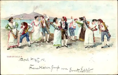 Litho Tarantella, Tänzer in italienischen Volkstrachten, Vesuv