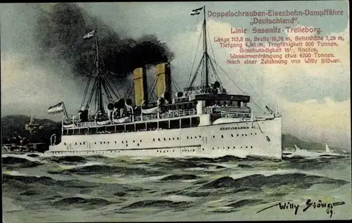 Künstler Ak Stöwer, Willy, Doppelschrauben Eisenbahn Dampffähre Deutschland, Sassnitz Trelleborg