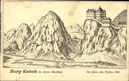 Künstler Ak Teufenbach Murau Steiermark, Burg Katsch im Jahr 1681