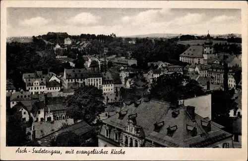 Ak Aš Asch Region Karlsbad, Panorama, evangelische Kirche