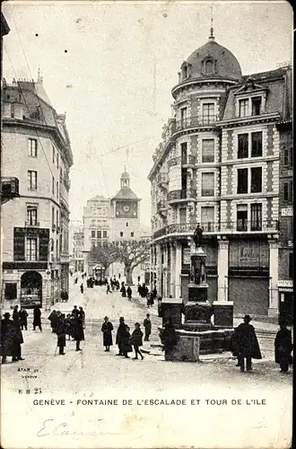 Ak Genève Genf Stadt, Fontaine de l'escalade, tour de l'ile