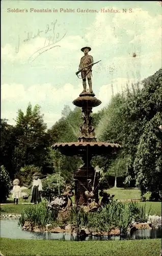 Ak Halifax Nova Scotia Kanada, Soldatenbrunnen, öffentliche Gärten
