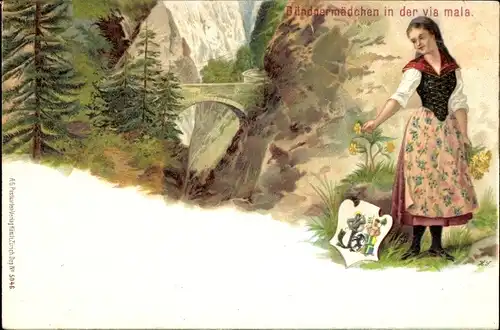 Litho Kanton Graubünden, Mädchen in Tracht, Wappen, Bündnermädchen