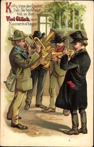 Präge Litho Glückwunsch Namenstag, Musizierende Männer, Gratulanten